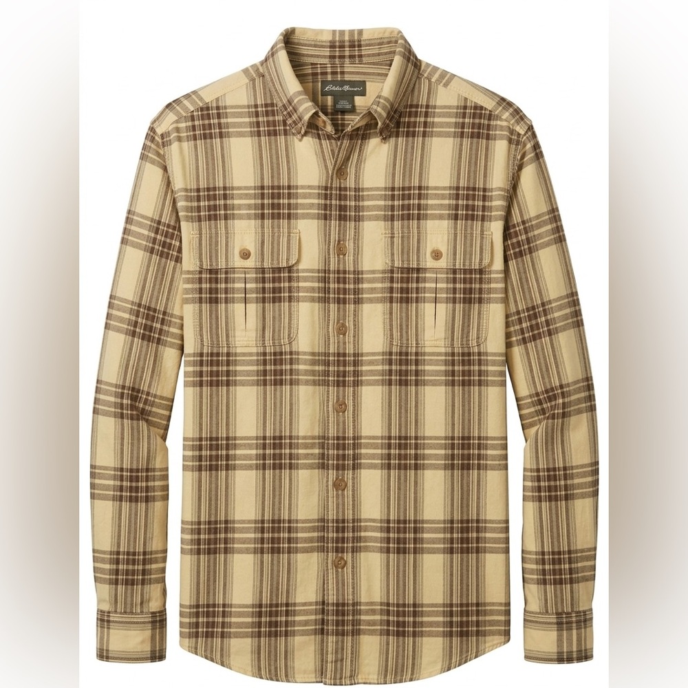 Eddie Bauer Men’s L Black Yellow Plaid Cotton Twill Shirt Long Sleeve Button Up